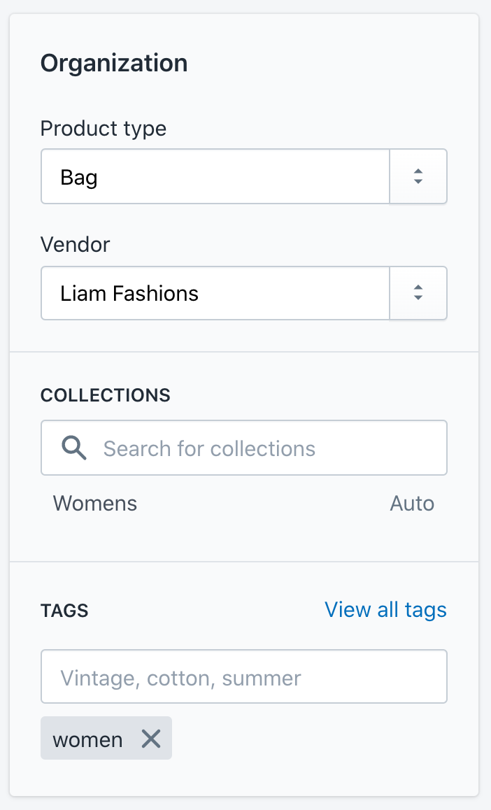 Product Organisation options in Shopify