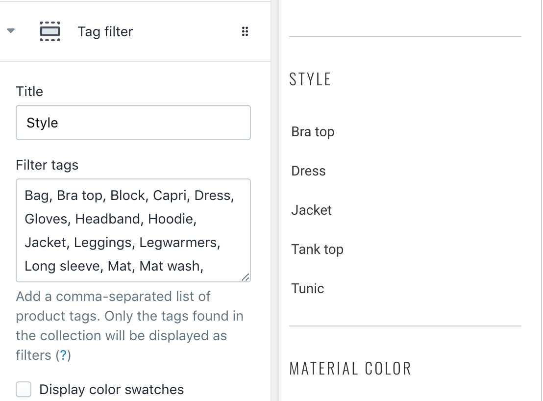 Example: Grouping a tag filter in the theme customiser