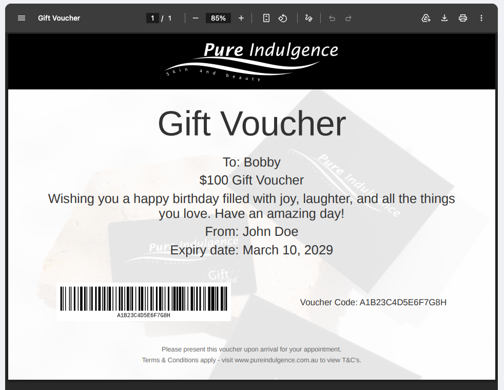 Pure Indulgence - PDF Gift Card Generator